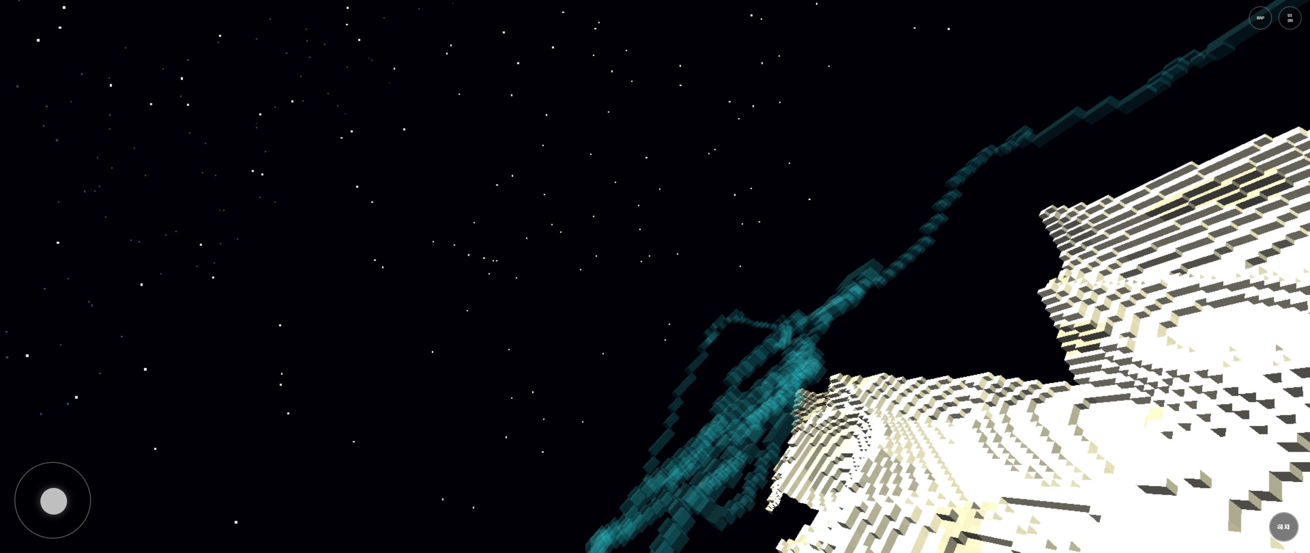 Rail Planet Moon Crater gameplay showing pale voxel ridges, a translucent rail, and a black star field